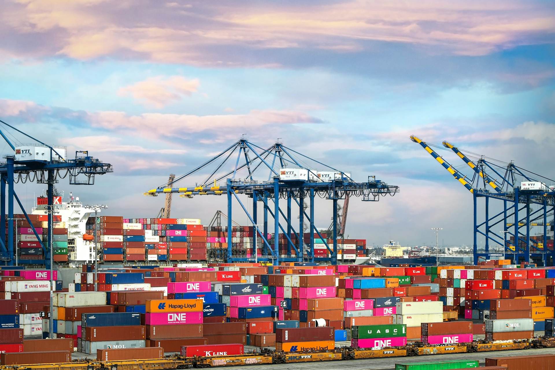 Shipping containers and cranes at a port
