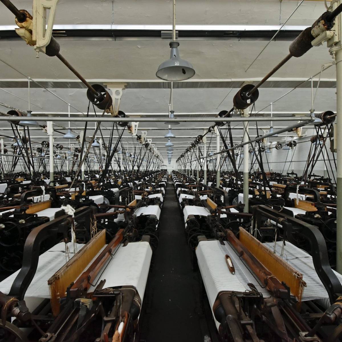 Rows of industrial sewing machines