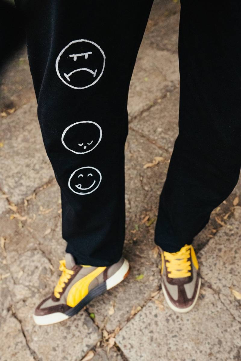 Screen print on thigh on sweatpants