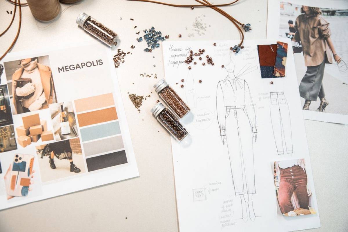 Mood board with sketches and fabric swatches